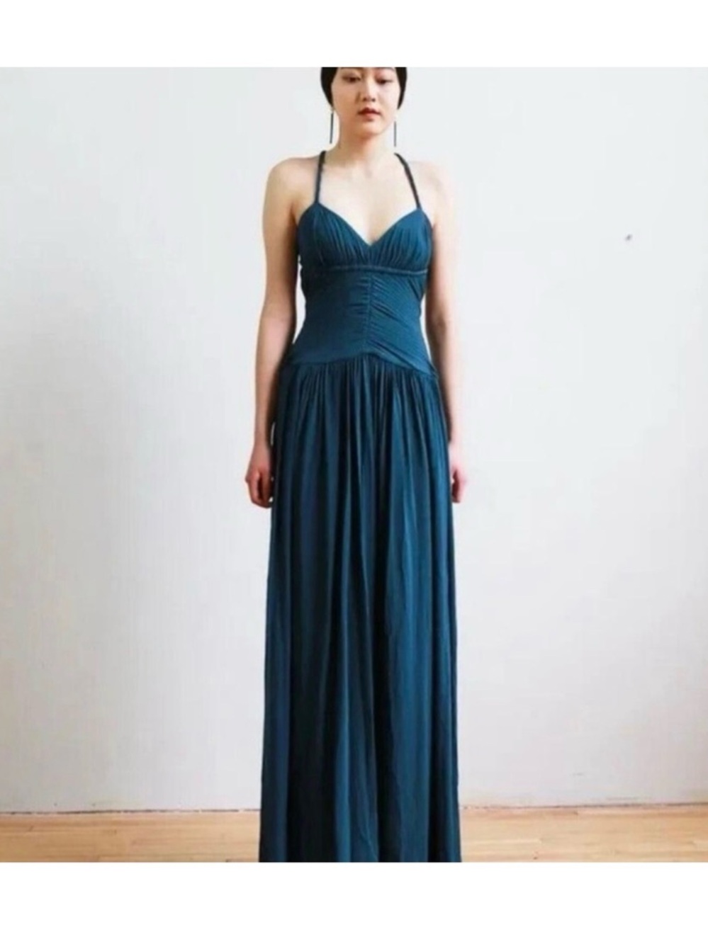BCBGMaxAzria Teal Pleated Ruched Maxi Dress